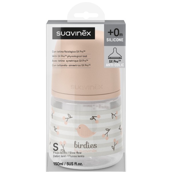 Фото - Бутылочка для кормления Suavinex 150 мл физиологическая соска медленный поток Birdies светло-розовая (309104)